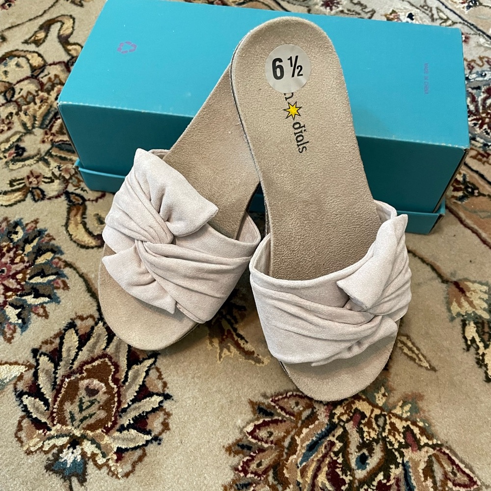 Tan suede slides with rhinestone detail